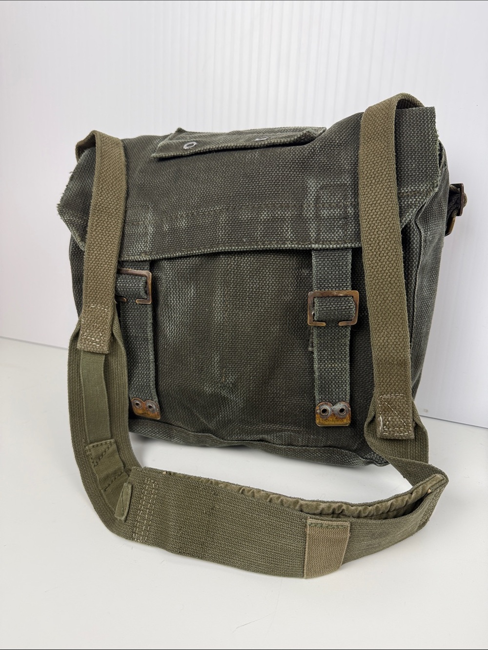 Olive Green Canvas Messenger Bag - Durable Military-Style Shoulder Bag